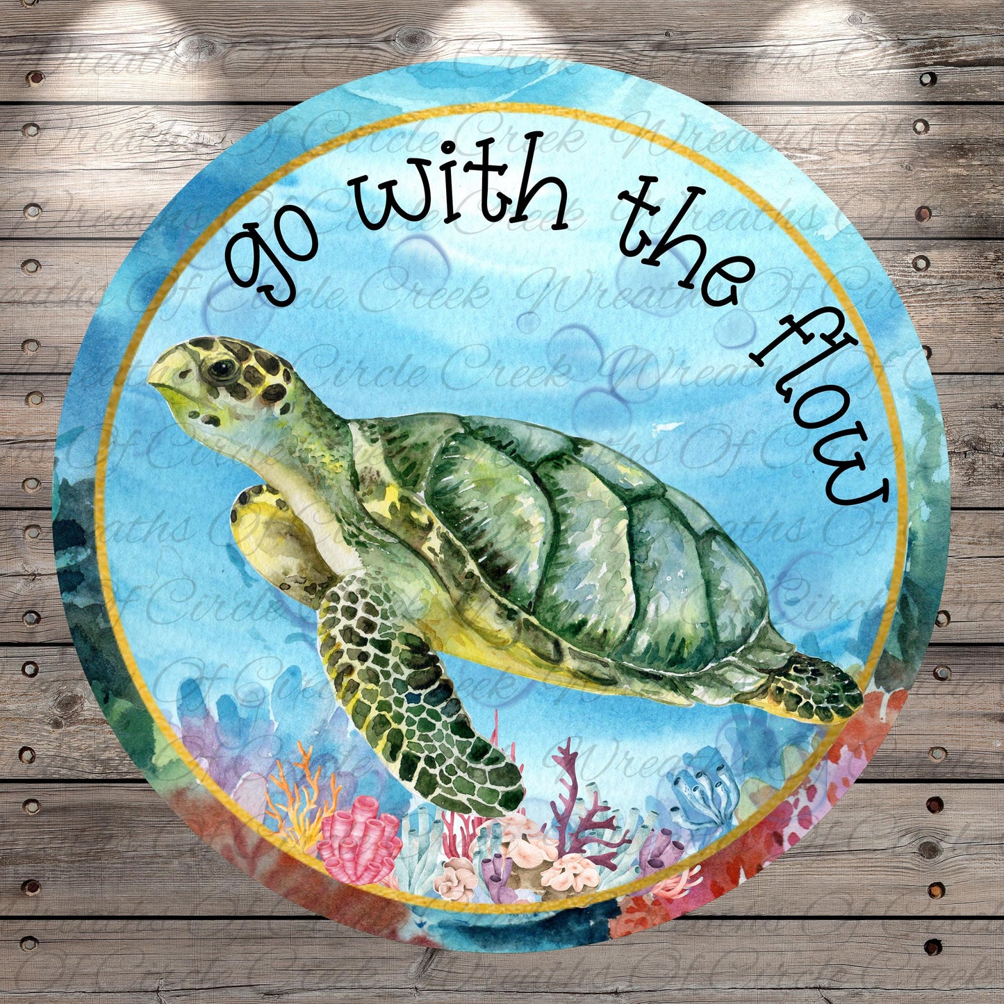 A watercolor painting of a green sea turtle swimming in the ocean, surrounded by colorful coral and marine life. The text "go with the flow" is written around the turtle, and the background is a blue watercolor with a white border.