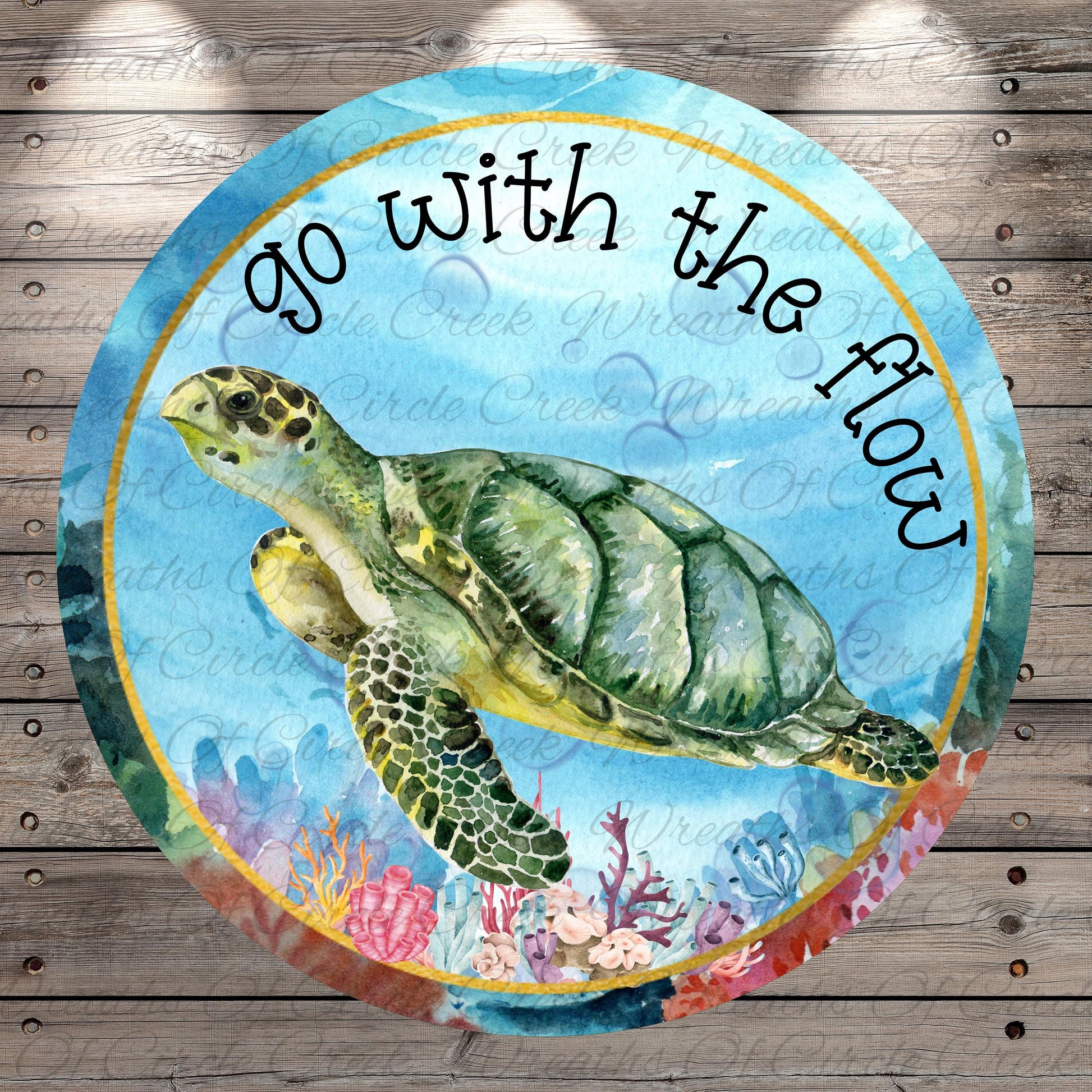 A watercolor painting of a green sea turtle swimming in the ocean, surrounded by colorful coral and marine life. The text "go with the flow" is written around the turtle, and the background is a blue watercolor with a white border.