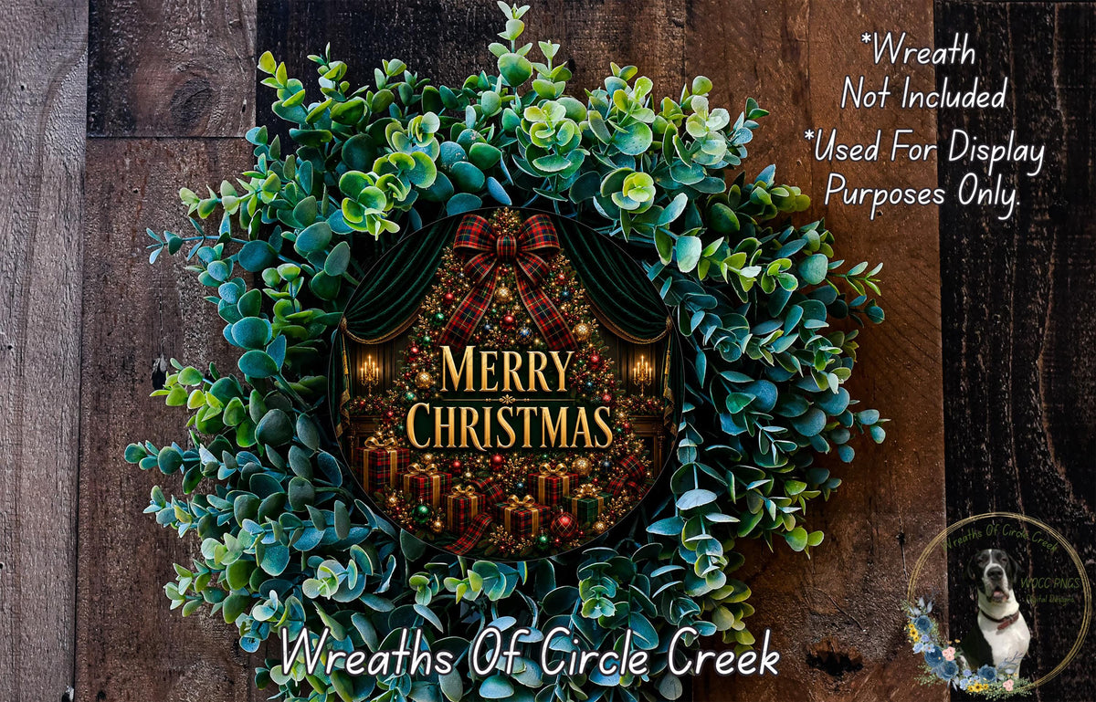 A festive Christmas wreath made of evergreen branches and adorned with a "Merry Christmas" sign, displayed on a wooden wall.