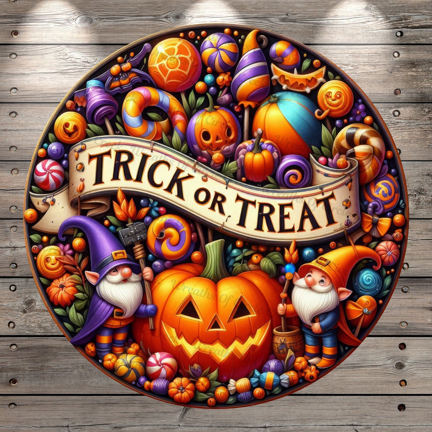 Trick Or Treat, Halloween Collage, Gnomes, Halloween Candy, Jack O Lanterns, Faux 3D, Round, Light Weight, Metal Wreath Sign, No Holes In Sign