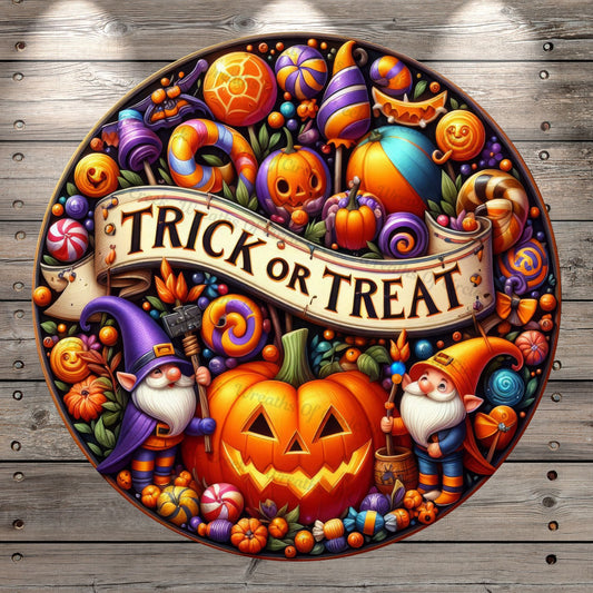 Trick Or Treat, Halloween Collage, Gnomes, Halloween Candy, Jack O Lanterns, Faux 3D, Round, Light Weight, Metal Wreath Sign, No Holes In Sign