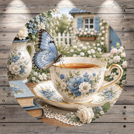 A blue butterfly perches on a teacup with a floral design, set against a backdrop of a garden with blooming flowers and a quaint house.