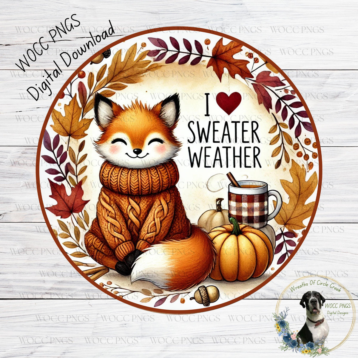 A cheerful fox wearing a cozy sweater sits next to a mug of hot chocolate and a pumpkin, surrounded by autumn leaves and flowers, with the text "I heart sweater weather" displayed.