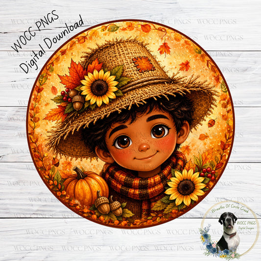 A digital illustration of a young boy wearing a straw hat and scarf, surrounded by autumn decorations such as sunflowers, pumpkins, and acorns.