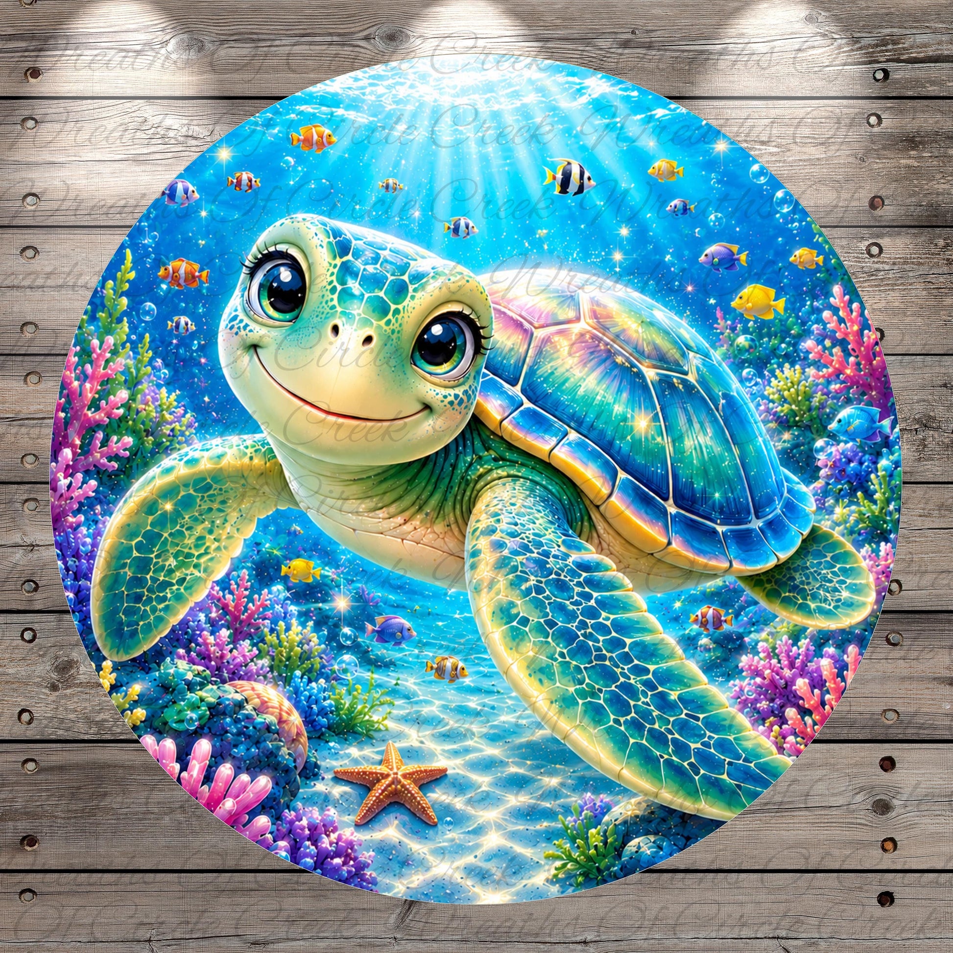 A colorful illustration of a smiling sea turtle swimming among vibrant marine life, including fish, coral, and other sea creatures, set against a backdrop of a blue ocean and sky.