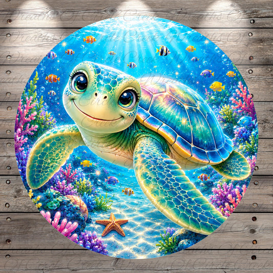 A colorful illustration of a smiling sea turtle swimming among vibrant marine life, including fish, coral, and other sea creatures, set against a backdrop of a blue ocean and sky.