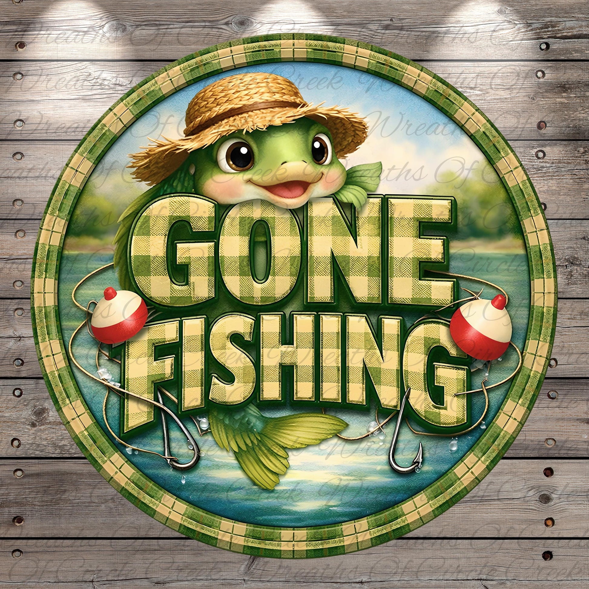 A round sign with a cartoon fish wearing a straw hat and holding fishing hooks, surrounded by the text "GONE FISHING".