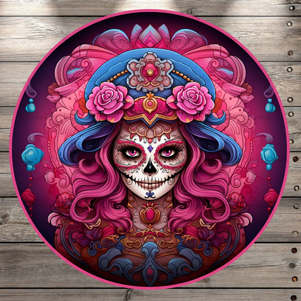 Day of The Dead, Lady In Pink, Halloween, Round UV Coated, Metal Sign, No Holes