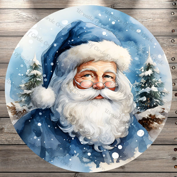 Santa Clause In Blue, St. Nick, Classic, Winter, Watercolor, Round, Light Weight, Metal Wreath Sign, No Holes