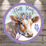 Spring Cow, Purple, Well Hay, Light Weight, Metal, Wreath Sign, With No Holes