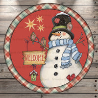 Welcome Snowman, Birds, Plaid, Round, Light Weight, Metal Wreath Sign, No Holes