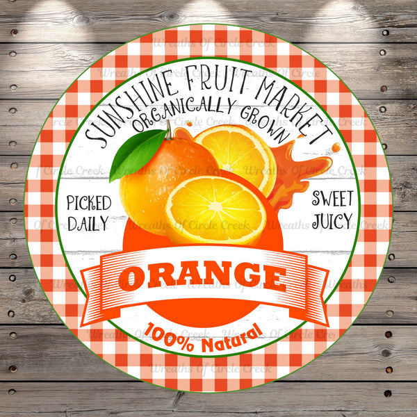 Oranges, Sunshine Fruit Market, Farmhouse, Plaid, Round, Light Weight, Metal Wreath Sign, No Holes  UV Coated
