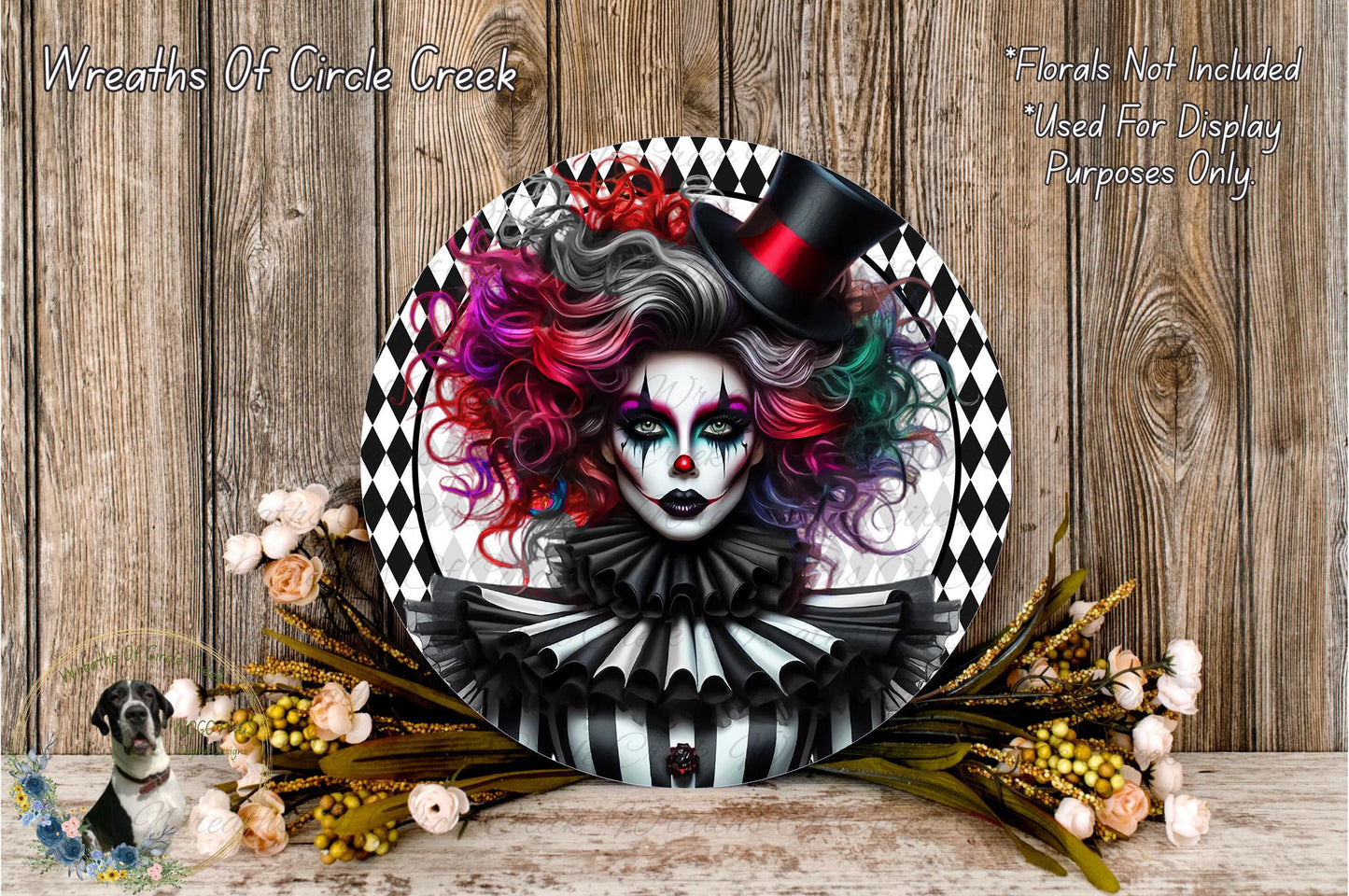 a clown-like figure with vibrant, colorful hair and makeup, surrounded by a floral arrangement and a wooden background.