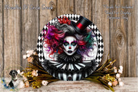 a clown-like figure with vibrant, colorful hair and makeup, surrounded by a floral arrangement and a wooden background.