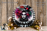 a clown-like figure with vibrant, colorful hair and makeup, surrounded by a floral arrangement and a wooden background.