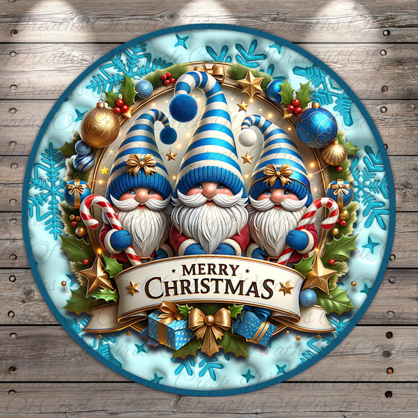 A festive Christmas wreath with three gnomes wearing blue and white striped hats, surrounded by various holiday decorations such as ornaments, stars, and holly leaves. The wreath is set against a blue background with a white border, and a banner at the bottom displays the text "Merry Christmas".