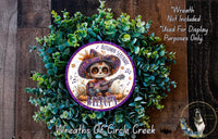 a wreath with a skeleton wearing a sombrero and playing a guitar, surrounded by green foliage. The wreath is described as a "Welcome" wreath, and it is not included in the "Wreath Not Included" list. The wreath is used for display purposes only, as stated in the text. The wreath is part of the "Wreaths of Circle Creek" collection.