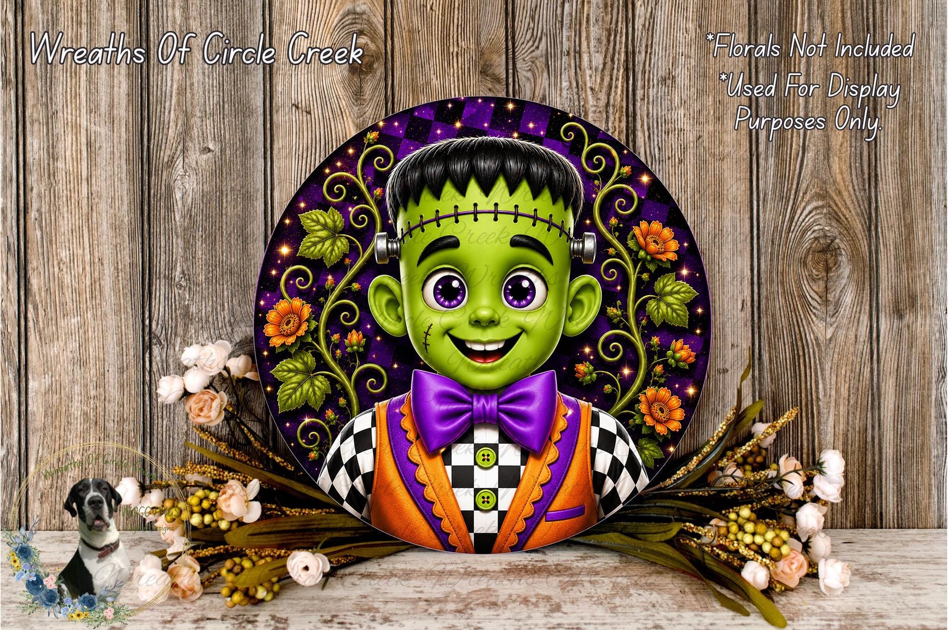 A whimsical illustration of a green-skinned, purple-checkered character with a bow tie, surrounded by a floral arrangement and a wooden background.
