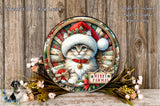 A decorative plate featuring a cat wearing a Santa hat, surrounded by festive elements such as flowers and a "Merry Pawmas" sign.