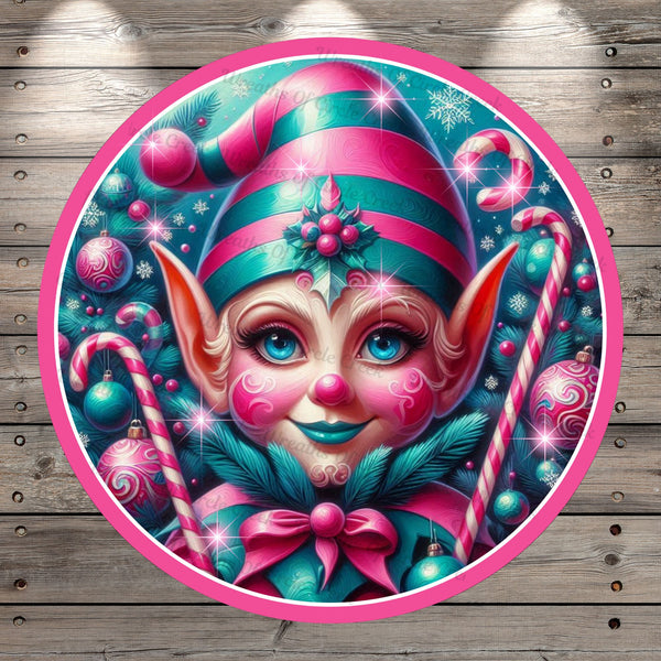 Woodland Elf, Pink and Blue, Peppermint, Christmas, Round, Light Weight, Metal ,Wreath Sign, No Holes In Sign