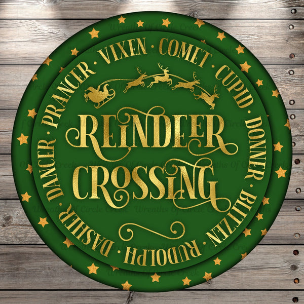 Reindeer Crossing, Round, Light Weight, Metal Wreath Sign, No Holes