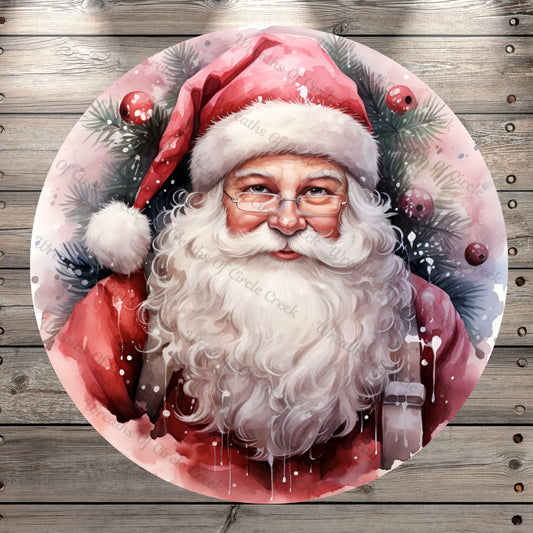 Santa Clause In Pink, St. Nick, Classic, Winter, Watercolor, Round, Light Weight, Metal Wreath Sign, No Holes
