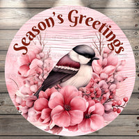 Season's Greetings, Pink, Winter Bird, Round, Light Weight, Metal Wreath Sign, No Holes