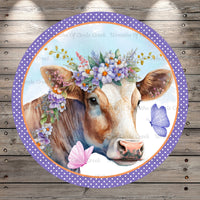 Spring Cow, Purple, Well Hay, Light Weight, Metal, Wreath Sign, With No Holes