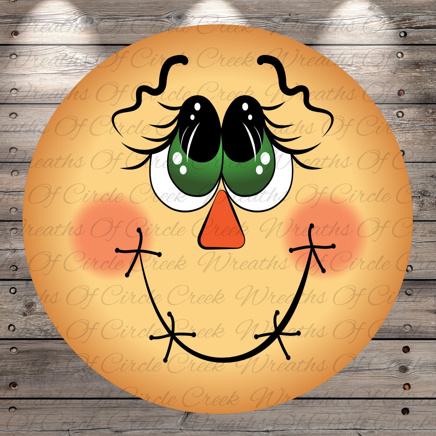 A cheerful, cartoon-like face with large eyes, a red nose, and a big smile, set against a wooden background.