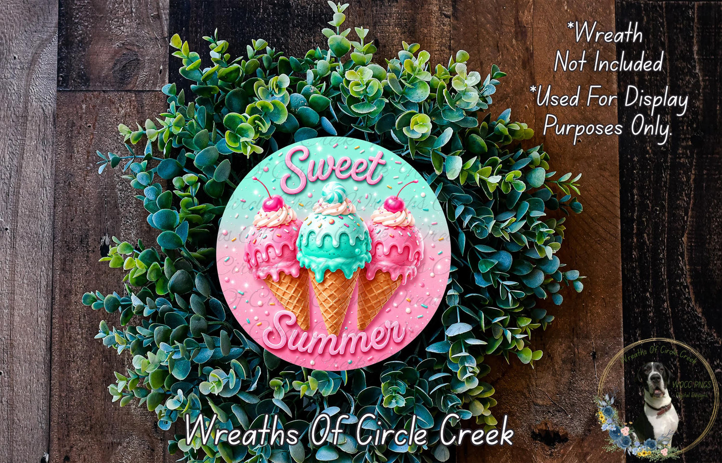 a wreath made of green foliage and decorated with pink and blue ice cream cones, along with the text "Sweet Summer" written on it.