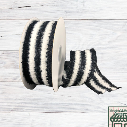 Black And White, Fuzzy Stripe, Wired Ribbon, 1.5" X 10 YD, 57203-09-21