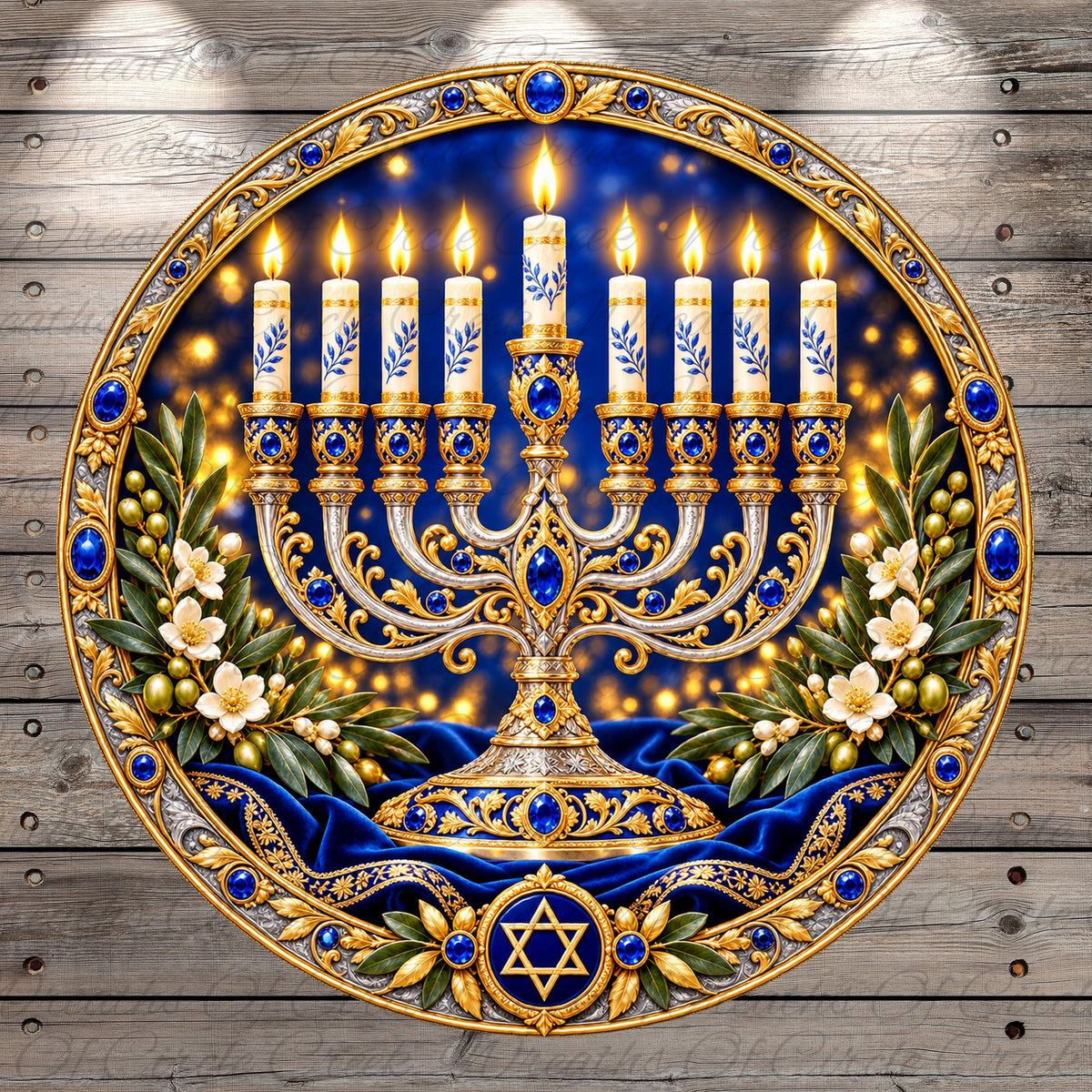 A circular design featuring a menorah with nine lit candles, surrounded by blue and gold decorations, including flowers and leaves, against a blue background with gold accents.