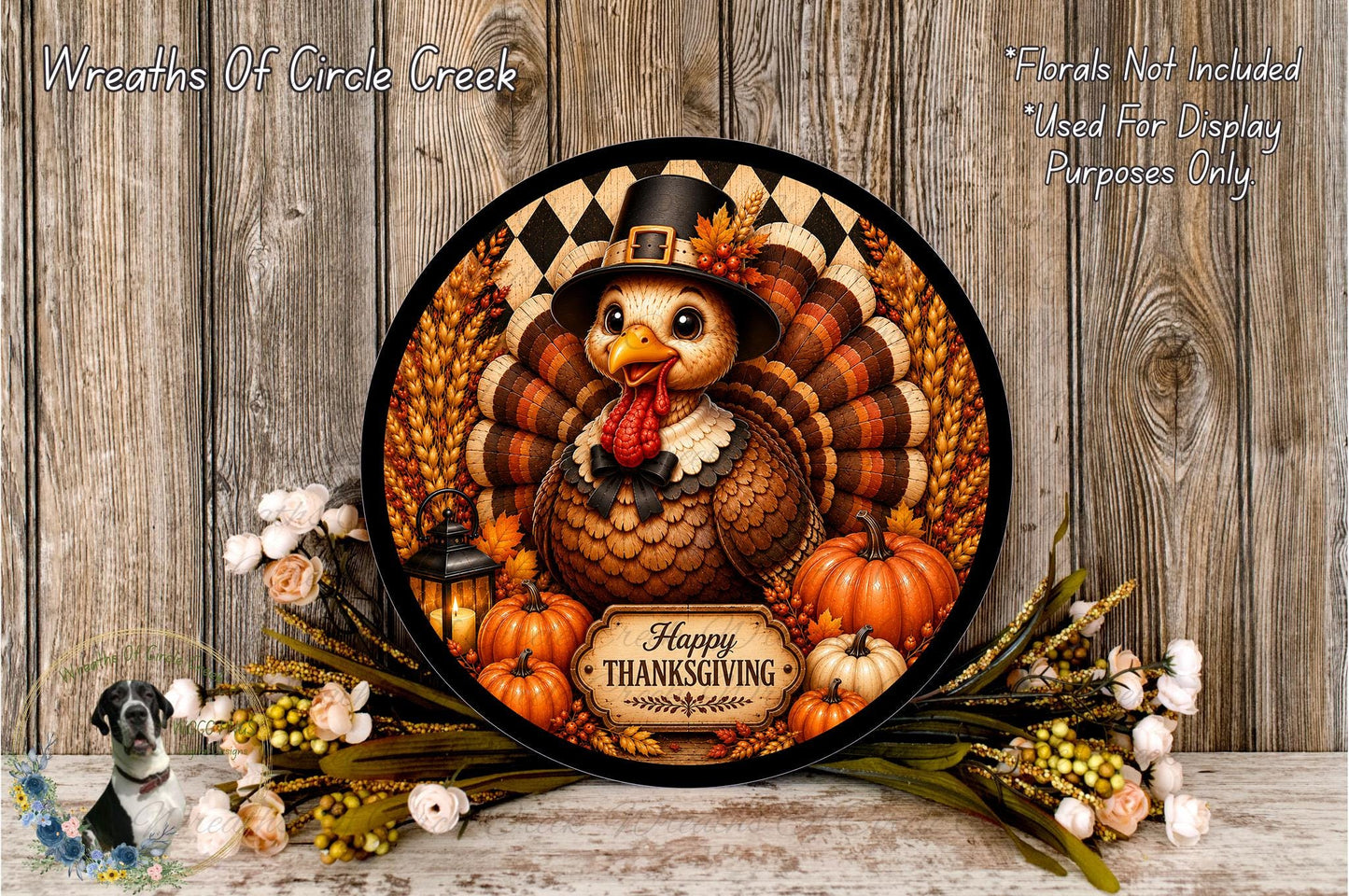 A decorative Thanksgiving wreath featuring a turkey wearing a hat, surrounded by pumpkins, gourds, and flowers, with a "Happy Thanksgiving" sign below.