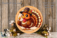 A cheerful cartoon turkey wearing a hat and holding a leaf, surrounded by a wreath of flowers and a wooden background.