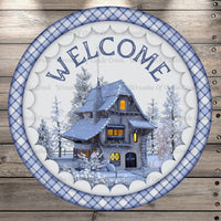 Welcome, Winter Scene, Plaid, Round, Light Weight, Metal Wreath Sign, No Holes