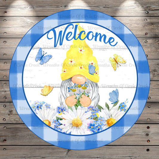 Gnome, Florals and Butterflies, Welcome, Plaid, Round, Light Weight, Metal Wreath Sign, No Hole UV Coated