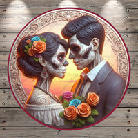 Day Of The Dead, Dia De Los Muertos, Lovers, Couple, Pink, Blue, Orange, Florals, Light Weight, Metal, Wreath Sign, No Holes In Sign