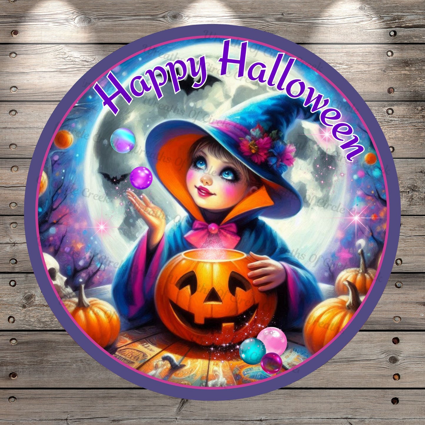 Happy Halloween, Magical, Girl Witch, Jack O Lantern, Round, Light Weight, Metal Wreath Sign, No Holes In Sign