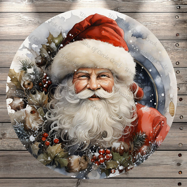 Santa Claus With Christmas Foliage, St. Nick, Classic, Watercolor, Round, Light Weight, Metal Wreath Sign, No Holes