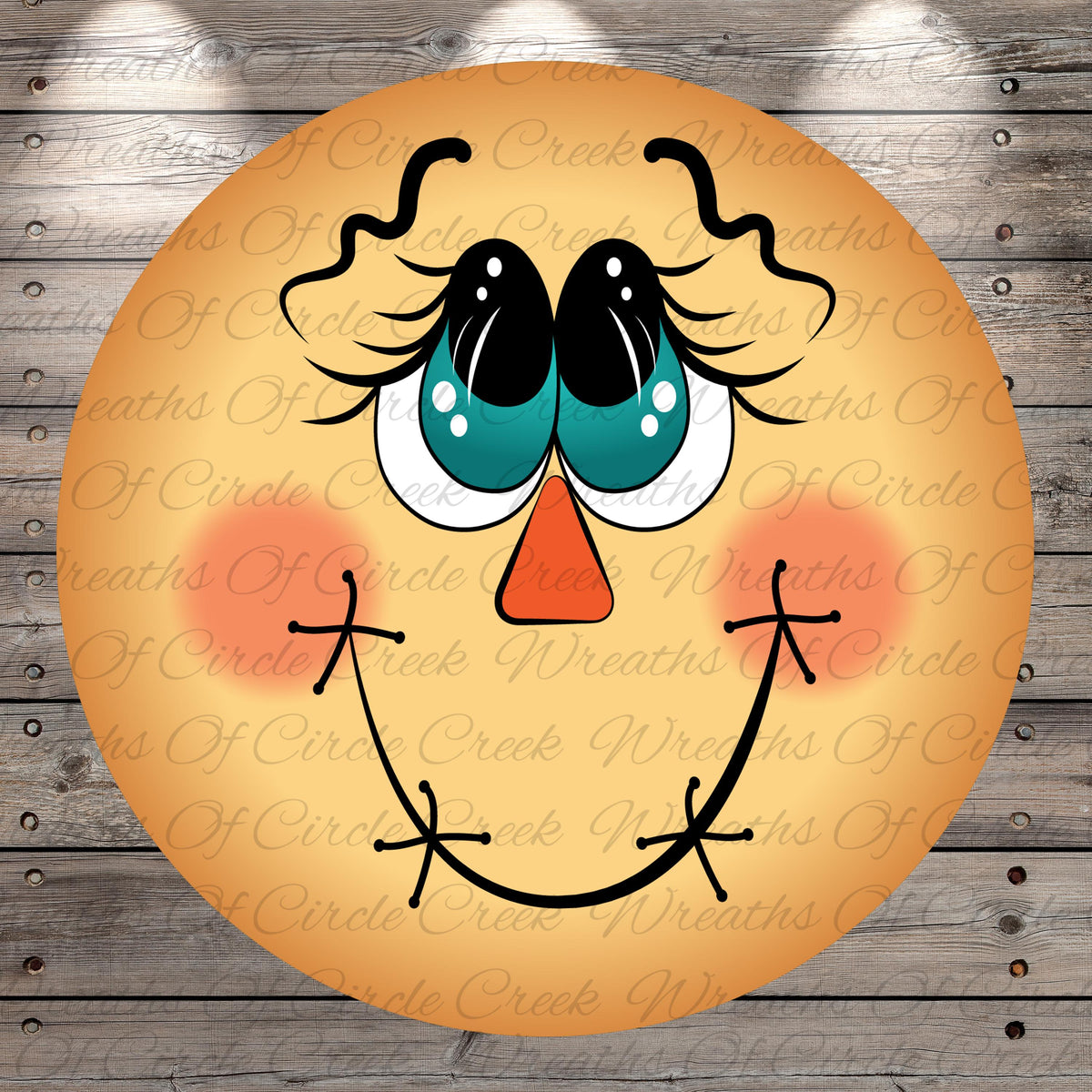 A cheerful, cartoon-like face with large eyes, a red nose, and a big smile, set against a wooden background.