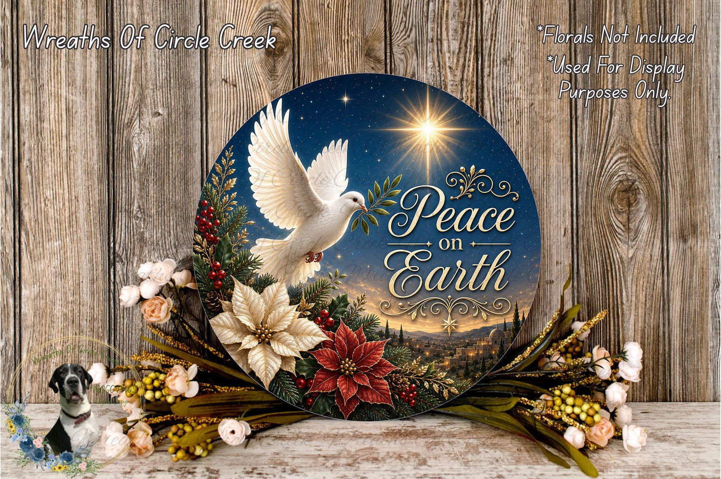 A decorative wreath with a white dove in flight, surrounded by flowers and greenery, set against a starry night sky background. The wreath has the text "Peace on Earth" written on it.