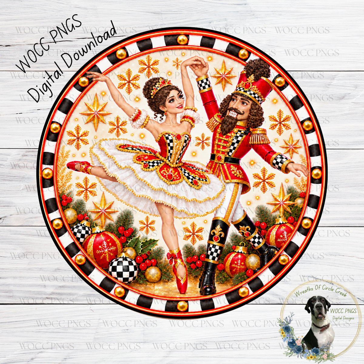 A decorative plate featuring a dancing nutcracker and a ballerina, surrounded by Christmas ornaments and a wreath.
