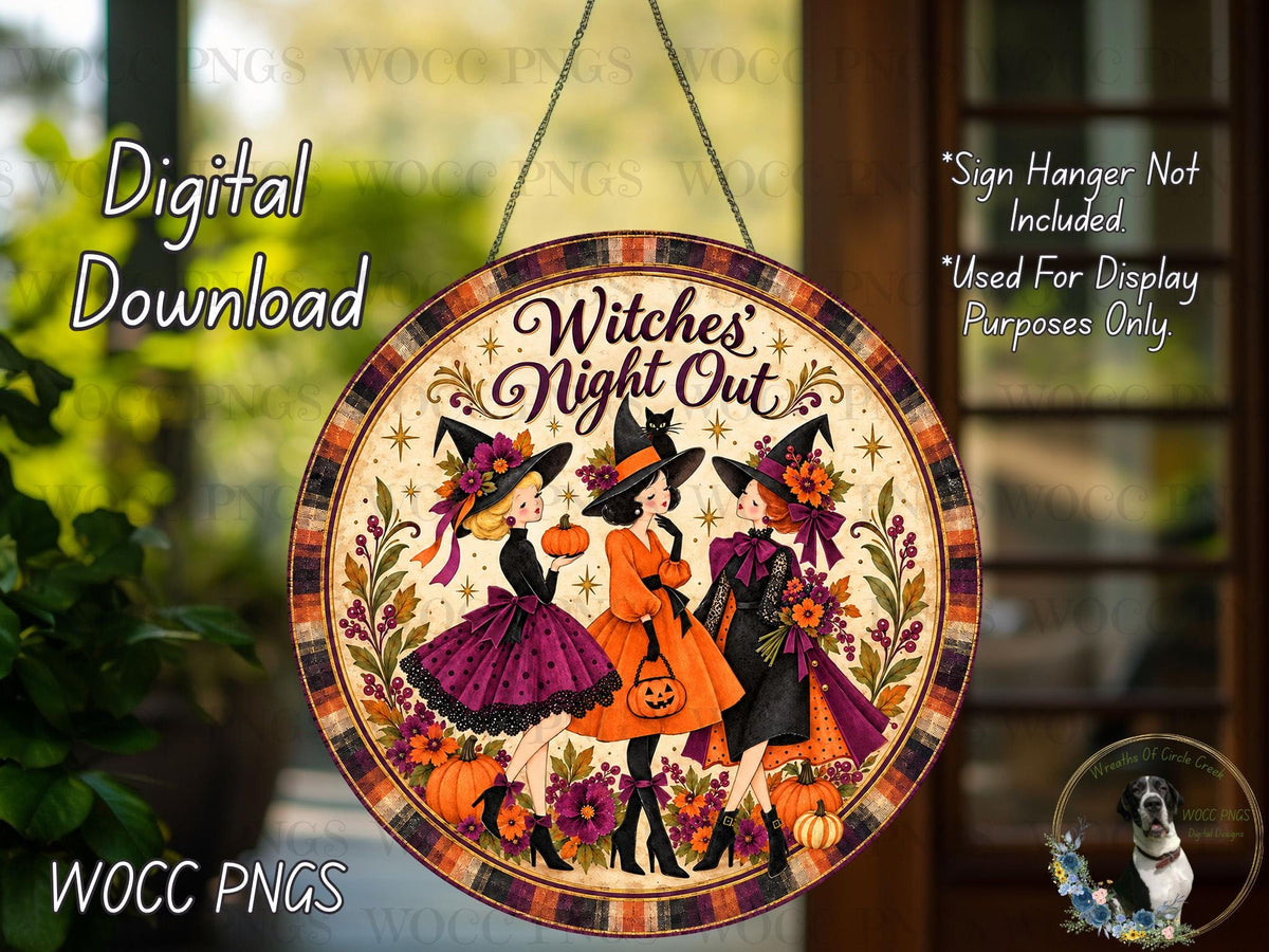The image is a digital download of a Halloween-themed sign featuring three women dressed as witches, with a pumpkin and flowers as decorations.