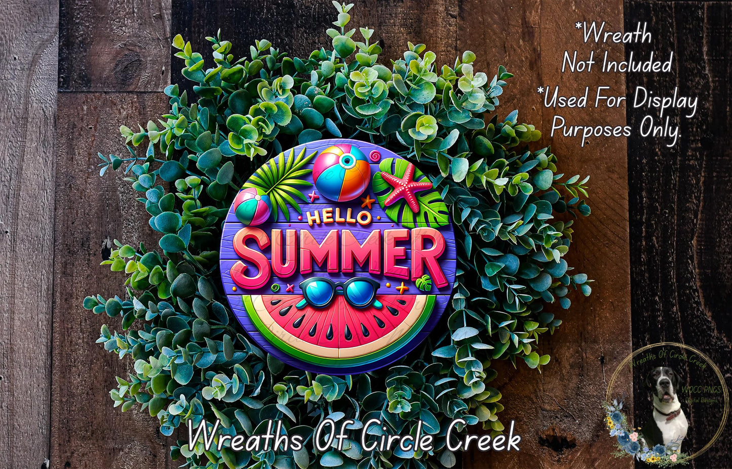 A colorful wreath made of various plants and flowers, with the text "Hello Summer" prominently displayed in the center.