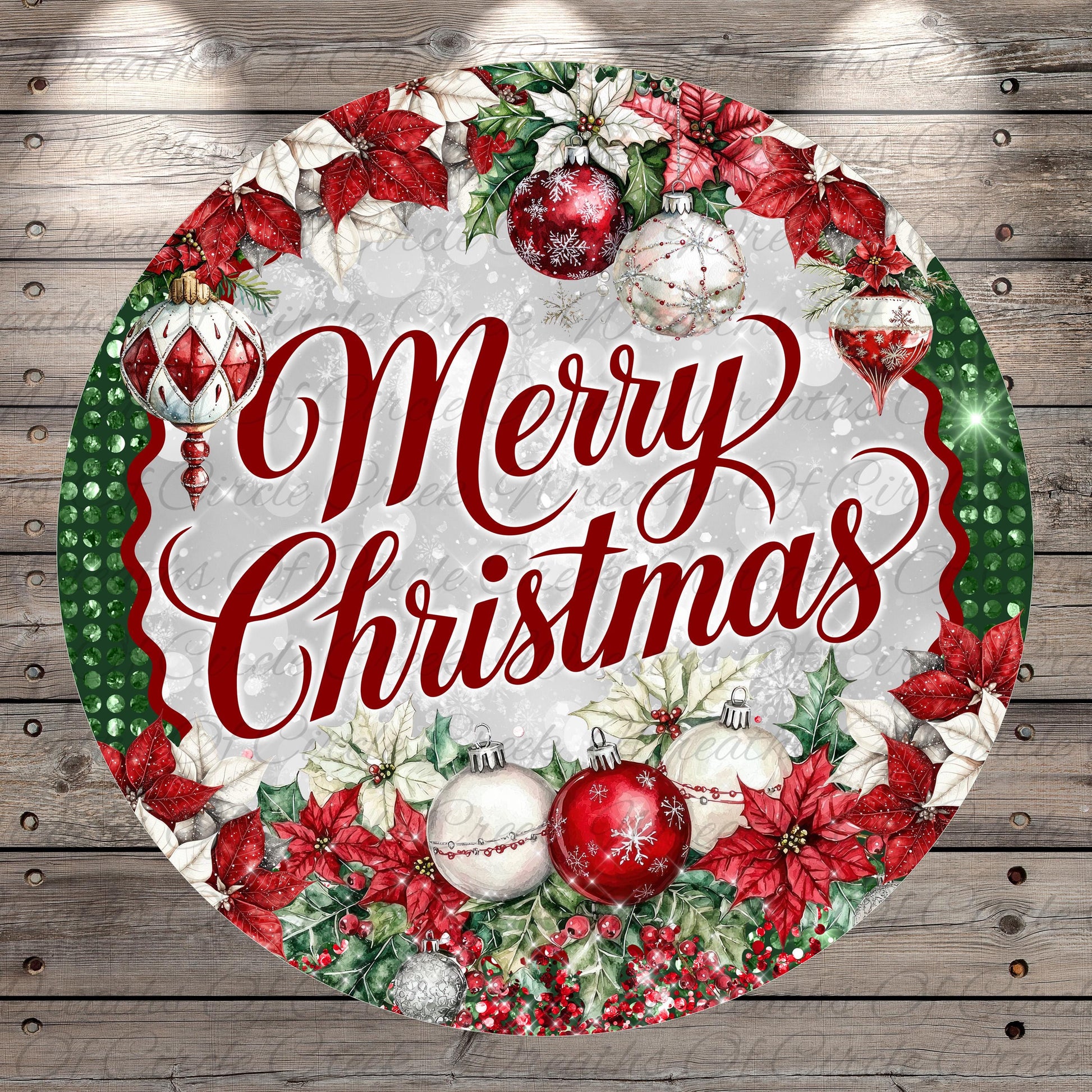 A circular Christmas wreath with the text "Merry Christmas" written in a decorative cursive font. The wreath is adorned with red poinsettias, white ornaments, and other festive decorations.