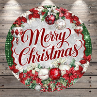 A circular Christmas wreath with the text &quot;Merry Christmas&quot; written in a decorative cursive font. The wreath is adorned with red poinsettias, white ornaments, and other festive decorations.