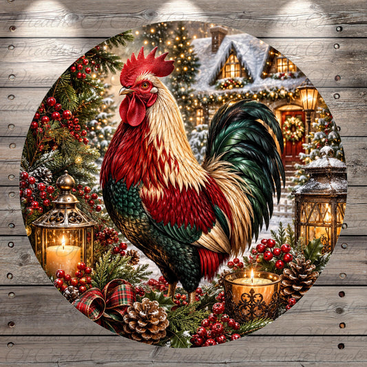 A colorful rooster stands in a festive Christmas scene, surrounded by holiday decorations such as pine cones, berries, and lanterns.