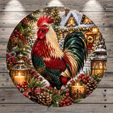 A colorful rooster stands in a festive Christmas scene, surrounded by holiday decorations such as pine cones, berries, and lanterns.