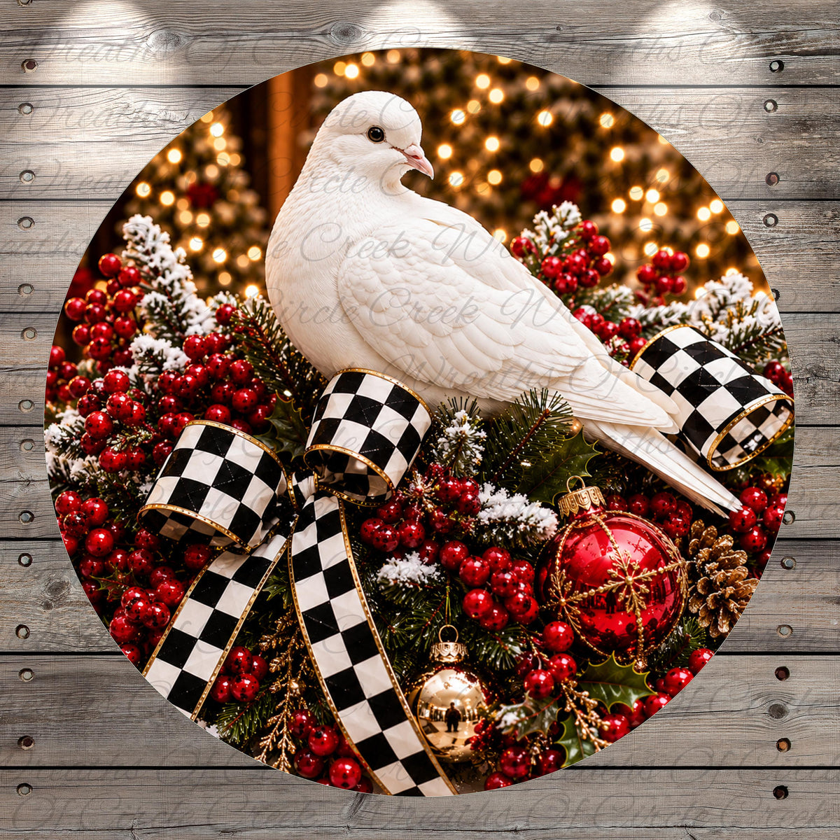 A white dove perched on a Christmas wreath adorned with red berries, a black and white checkered ribbon, and ornaments.