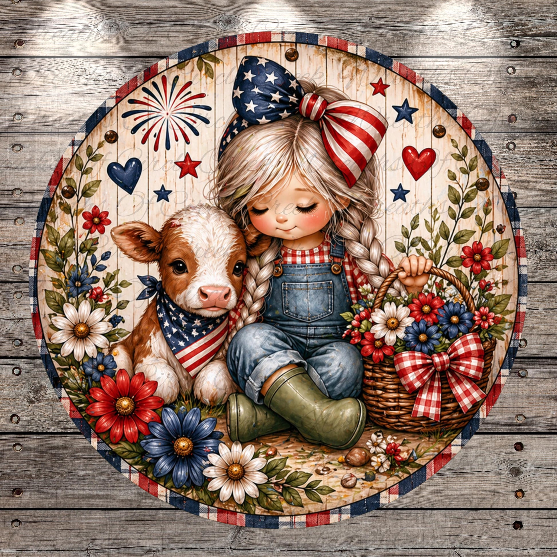 A young girl with braided hair and a patriotic hat is sitting next to a cow, surrounded by flowers and patriotic symbols, in a circular frame.